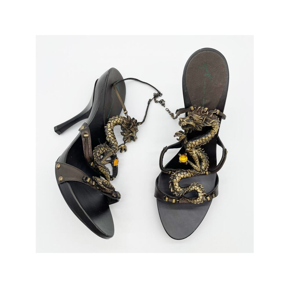 Giuseppe Zanotti Vicini Vintage Dragon Embellished Leather Heeled Sandals IT 36